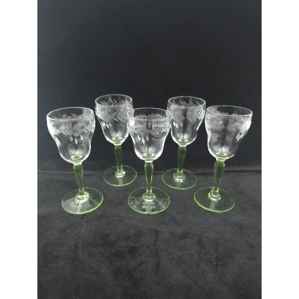 Vintage Uranium Glass Cordials Etched Foliate Design Stemware Set Of 5 Bryce?